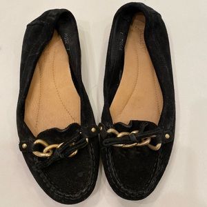J Crew black suede with gold chain flats